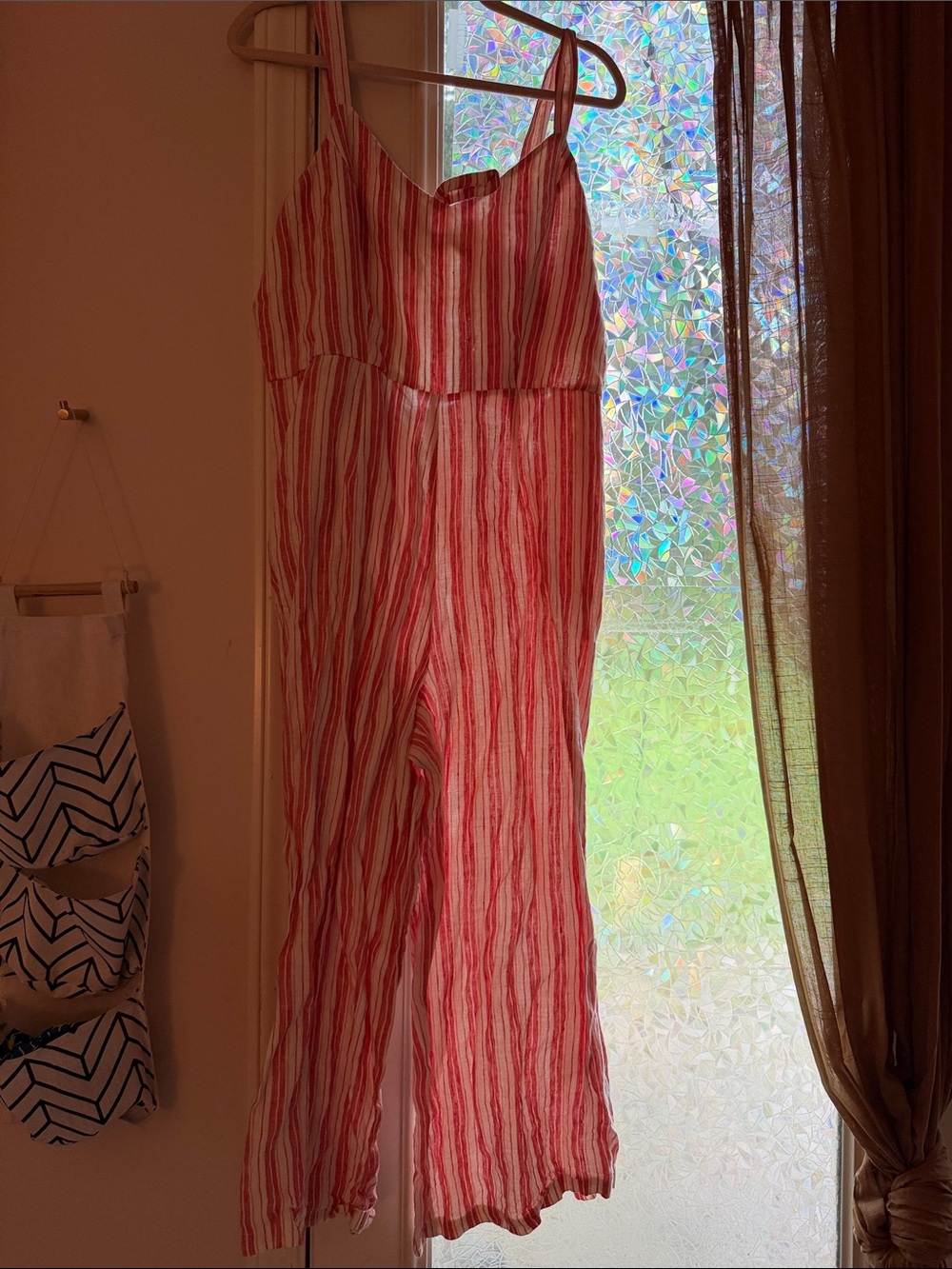Amour Vert Red and White Striped Spaghetti Strap Jumpsuit